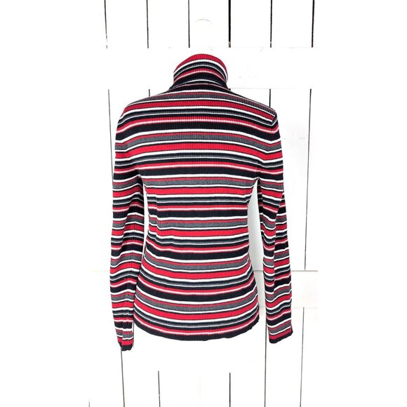 90s vintage fitted red striped ribbed turtle neck long sleeve sweater top - Picture 4 of 4